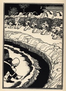 The baron defends himself from the attack of lions by setting fire to gunpowder. Illustration by William Strang and JB Clark from The Adventures of the Baron of Munchausen by Rudolf Erich Raspe by Unbekannt