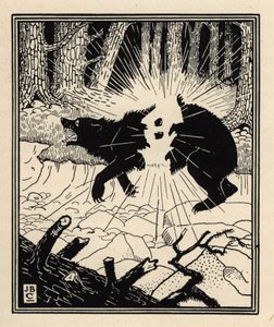 The baron explodes a black bear with two flints. Illustration by William Strang and JB Clark from The Adventures of the Baron of Munchausen by Rudolf Erich Raspe by Unbekannt