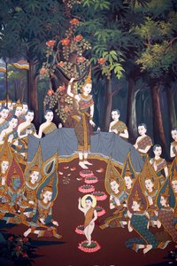 The birth of infant Siddhartha, Wall fresco, Wat Botum temple, Phnom Penh, 2022