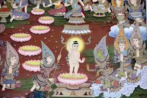 The birth of infant Siddhartha, Wall fresco, Wat Maniratanaram monastery, Phnom Penh, 2022