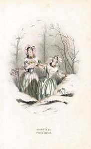 The fairies pierce snow and primrose in a snowy landscape - Etching by Charles Geoffroy, based on an illustration by Jean Ignace Isidore Gerard for Les fleurs animees by Unbekannter Künstler