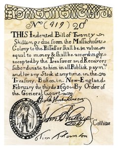 The First American Paper (Bank Note) Value of 20 Shillings, Issued by the General Court of the Boston Colony in 1690 by Unbekannter Künstler