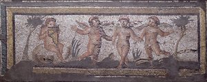 Three Dancing Putti Accompanied by One Playing the Pan Pipes, Border Detail from a Mosaic Pavement Depicting the Seasons and Hunting Scenes from the Constantinian Villa at Daphne, Roman, c.325-330 AD by Unbekannt