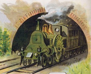 Train leaving a tunnel. Engraving in "ABC L