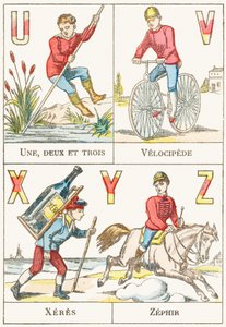 U V X Y Z; U: Une, deux et trois; V: Velocipede; X: Xeres; Z: Zephir - Games Alphabet, c.1890 by Unbekannt