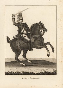 Uniform of Light Dragoon cavalry, with sword, musket and helmet