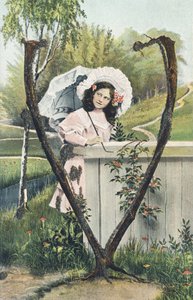 V: A Young Girl in a Pink Dress, a Bonnet on Her Head, Holding a Parasol, Standing in a Countryside Setting - Alphabet Characters Ref Th. E., L. Theochrom - Series 994. Theodor Eisman, publisher, Leipzig