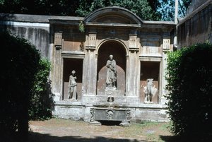View of the Garden, (detail) of fountain with Roman sarcophagus and statuary