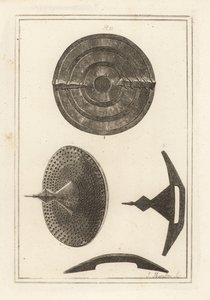 Views of an ancient concave roundel with umbo or spike made of leather skins, iron plate and brass nails by Unbekannt