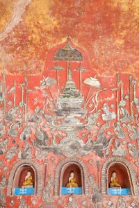 Wall with Small Buddhas and Leaded Glass Figures, Shwe Yaunghwe Kyaung Monastery, Nyaungshwe, Inle Lake, Myanmar
