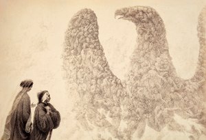 Within the Sphere of Jupiter, Dante sees the blessed spirits arrange themselves in the form of an eagle, symbol of the Empire. Illustration of Canto XVIII in Paradiso of The Divine Comedy by Dante Alighieri. Work of Francesco Scaramuzza by Unbekannter Künstler