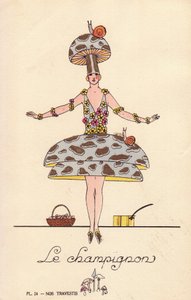 Woman in mushroom fancy dress costume, le mushroom, hat and dress in mushroom form, decorated with snails and flowers. Lithograph by unknown artist with stencil handcolouring from “Nos Travestis” (Our Fancy Dress Costumes), Paris