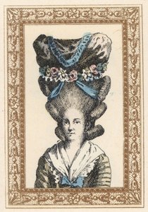 Woman in the Gabrielle Vergy bonnet, tied with ribbons and garlands of flowers by Unbekannter Künstler