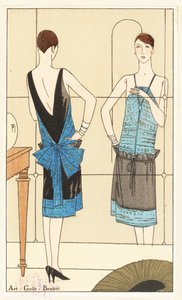 Woman standing in front of mirror admiring her evening dress in blue and gold lame and black velvet - Lithograph with stencil handcolour from the luxury French fashion magazine “Art, Gout, Beaute,” 1926