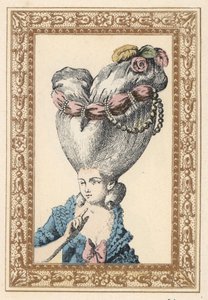 Woman with her hair combed up over a pouf (support) and decorated with flowers, pearls and a sash, called the Flea by Unbekannter Künstler