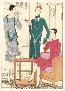 Women smoking in a chic interior in a dinner dress, gold blade and green velvet, afternoon dress in green wool, and afternoon dress in gold and red blade dress