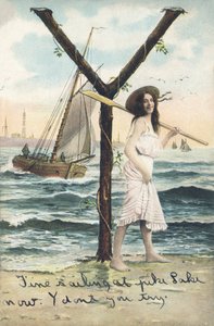 Y: A barefoot woman, dressed in a short sleeveless dress, holds an oar on her left shoulder. Marine decor - Alphabet Characters Ref Th. E., L. Theochrom - Series 994. Theodor Eisman, publisher, Leipzig by Unbekannt