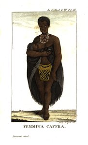 Young San Woman Nursing Child, South Africa. She wears a cape, necklaces and beaded skirt. From Francois Le Vaillant