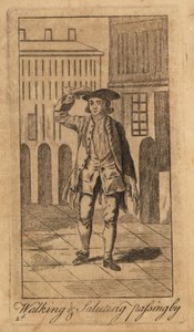 Young gentleman walking and saluting passerby on the street by Unbekannt