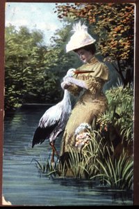 Stork Bringing a Baby to a Woman, French Postcard, Early 20th Century by Unbekannter Künstler