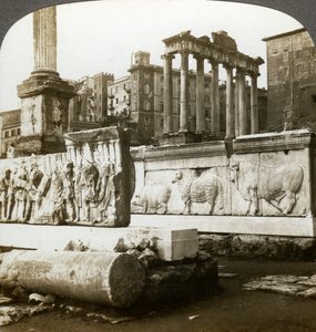 Bas Reliefs of Trajan and Column of Phocas in the Forum, Rome, Italy by Underwood and Underwood
