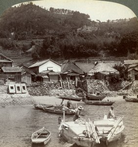 Fishing village of Obatake on the Inland Sea, looking north to the terraced rice fields, Japan, 1904