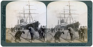 Greeting for newcomers on the pier alongside the Pacific Mail SS China, Yokohama, Japan by Underwood and Underwood