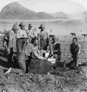 Making gas for one of the war balloons at Slingersfontein, South Africa, Boer War