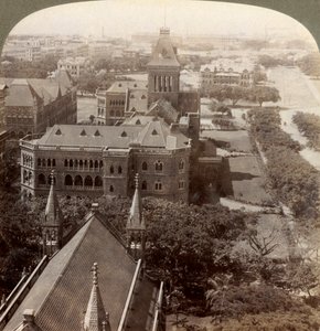 Over University and Secretariat Sq. tower, S. from Rajabai Tower, Bombay, India, 1903 by Underwood and Underwood