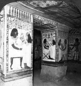 Painted tomb chamber hewn in the rock of the cliffs at Thebes, Egypt
