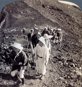 Pilgrims at the end of their ascent of Mount Fuji, Japan by Underwood and Underwood