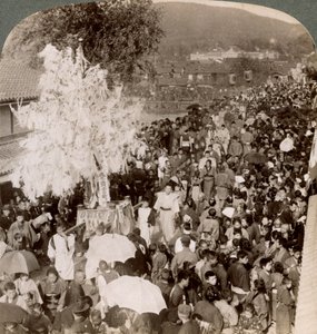 Shinto Procession Carrying Sacred Objects Over a Bridge to the Imperial Museum, Kyoto, Japan, 1904 by Underwood and Underwood