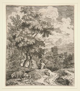 A Shepherd, Two Sheep, and a Cow in a Landscape by Unknown