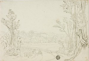 Cart Heading over Bridge Between Trees; Villa in Distance