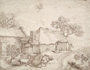 Farm Buildings with Peasants, a Goat, and the Abduction of Ganymede by Unknown