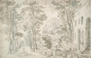 Garden with Fountains and Potted Shrubs by Unknown