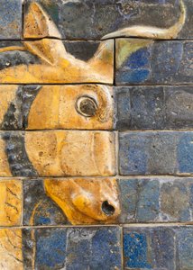 Istanbul, Turkey. Archaeological Museum. Glazed Brick Bull in Relief from the Ishtar Gate, Babylon, Dating from the Nebuchadnezzar II Period circa 604-562 BC.