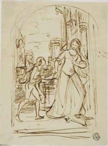 Literary Illustration: Medieval Lady with Page; Sketches of Figures by Unknown