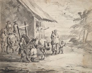 Men Shoeing a Horse Outside a Country Inn