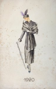 Model wearing a coat and a hat with feathers, carrying an umbrella by Unknown