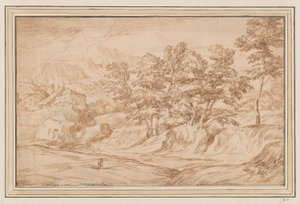 Mountainous Landscape with Houses at Left and Trees at Right by Unknown