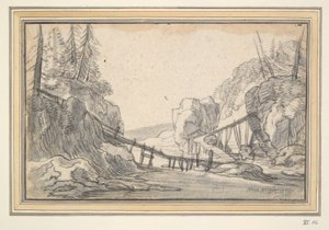 Mountainous Landscape with Wooden Footbridge