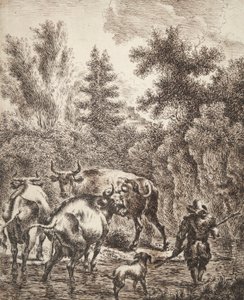 Peasant Fording Stream with Cattle and Dog