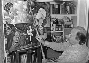 Pierre Velly Alias Pierre De Varga In His Workshop Giving A Last Touch To One Of His Canvas April 11, 1986
