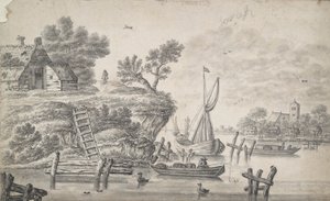 River Landscape with High Embankment to the left by Unknown