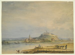 River Scene with Town, Castle on Hill and Laboring Peasants by Unknown