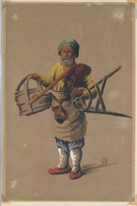 Russian Man Holding Basket and Stool