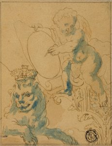 Section of Ceiling Decoration with Cupid with Scroll and Lion with Crown by Unknown