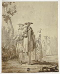 Three Musicians and Two Ladies in Outdoor Setting by Unknown