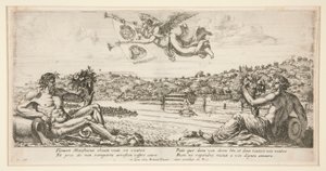 View of a City with Two Reclining River Gods and Fame Trumpeting Above with Two Coats of Arms